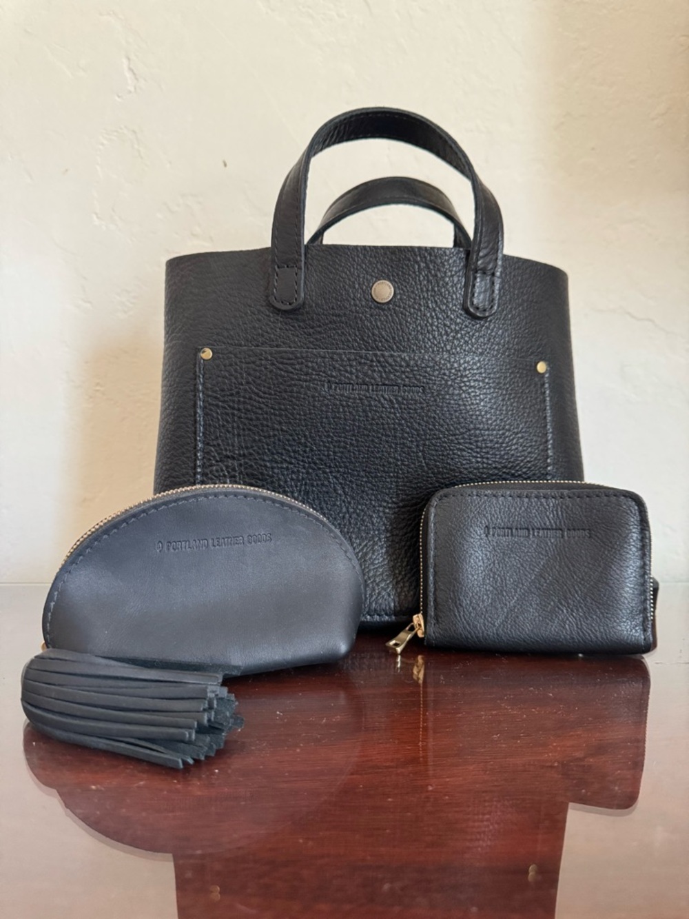 Portland Leather Mini Crossbody Tote Black + Wallet + Taco Pouch Bundle